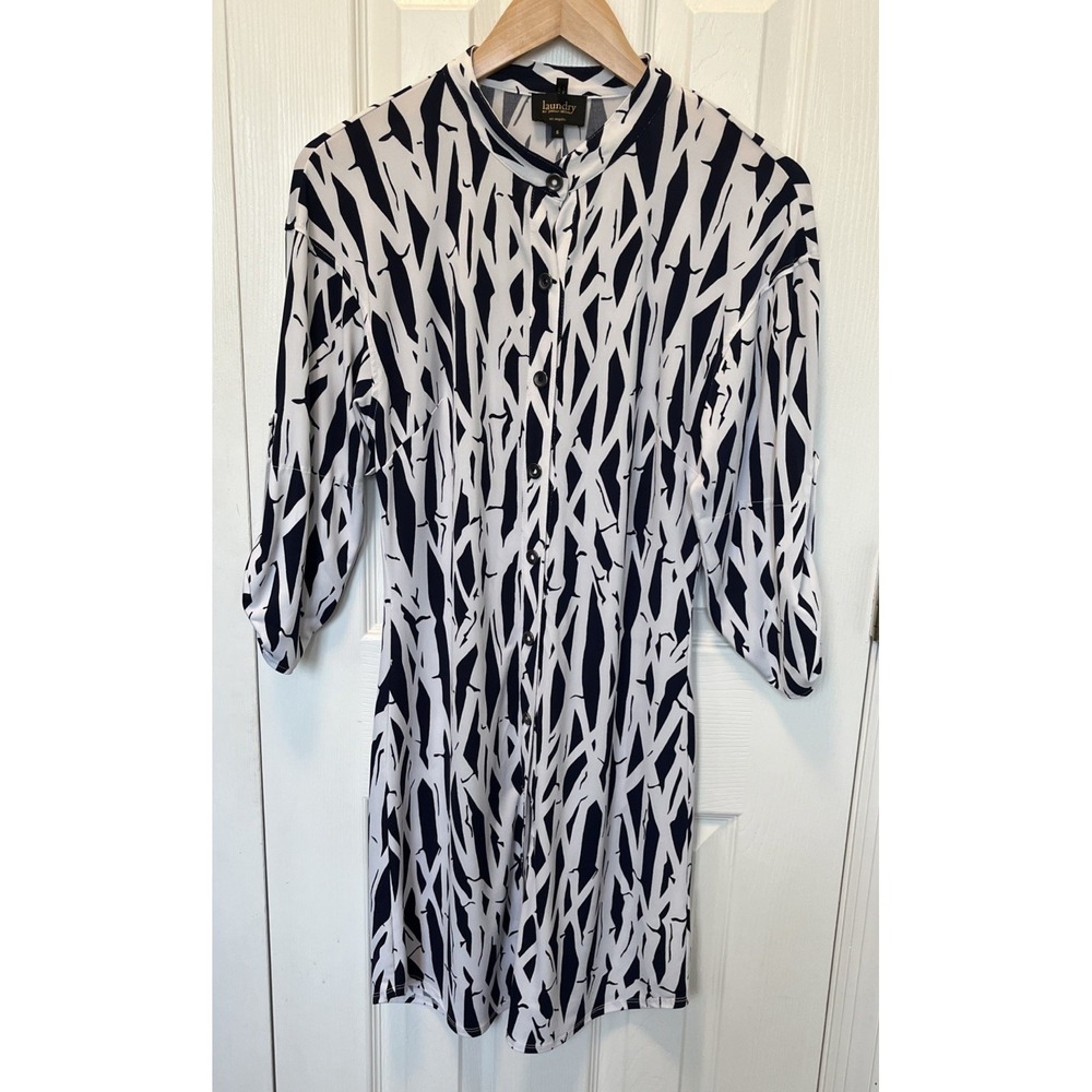 Laundry by Shelli Segal Womens Black White Geometric Snap Front Shirt Dress 6